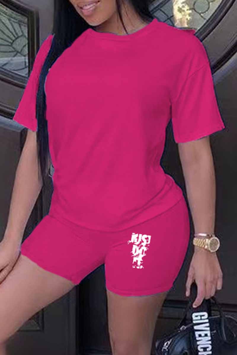 

Rose Red Casual Print Letter O Neck Short Sleeve Two Pieces