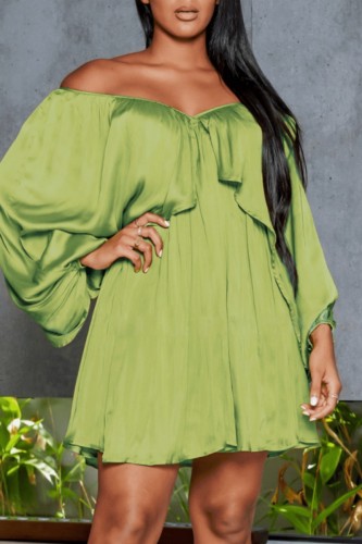 Light Green Casual Solid Patchwork Off the Shoulder Long Sleeve Dresses