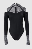 Black Sexy Solid Hollowed Out Patchwork See-through Turtleneck Skinny Romper