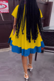 Vestido de manga corta con cuello en O en contraste de patchwork sólido informal amarillo Vestidos
