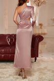Pink Formal Solid Flounce One Shoulder Irregular Dress Dresses