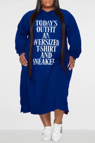 Blue Fashion Casual Letter Print Basic Hooded Collar Long Sleeve Plus Size Dresses
