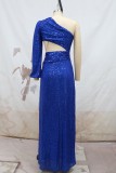 Синее сексуальное вечернее платье в стиле пэчворк с блестками и разрезом, косой воротник, вечернее платье, платья