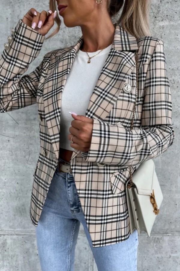 Khaki Lässige Cardigan mit Karomuster und Turn-Back-Kragen Oberbekleidung