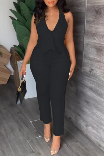 Black Casual Solid Backless Halter Sleeveless Two Pieces