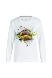 White Daily Lips Printed Patchwork O Neck Tops