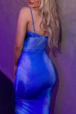Синее сексуальное длинное платье с открытой спиной и бретельками с принтом Платья