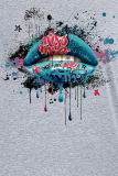 Graue Vintage Lippen bedruckte Patchwork-T-Shirts mit O-Ausschnitt