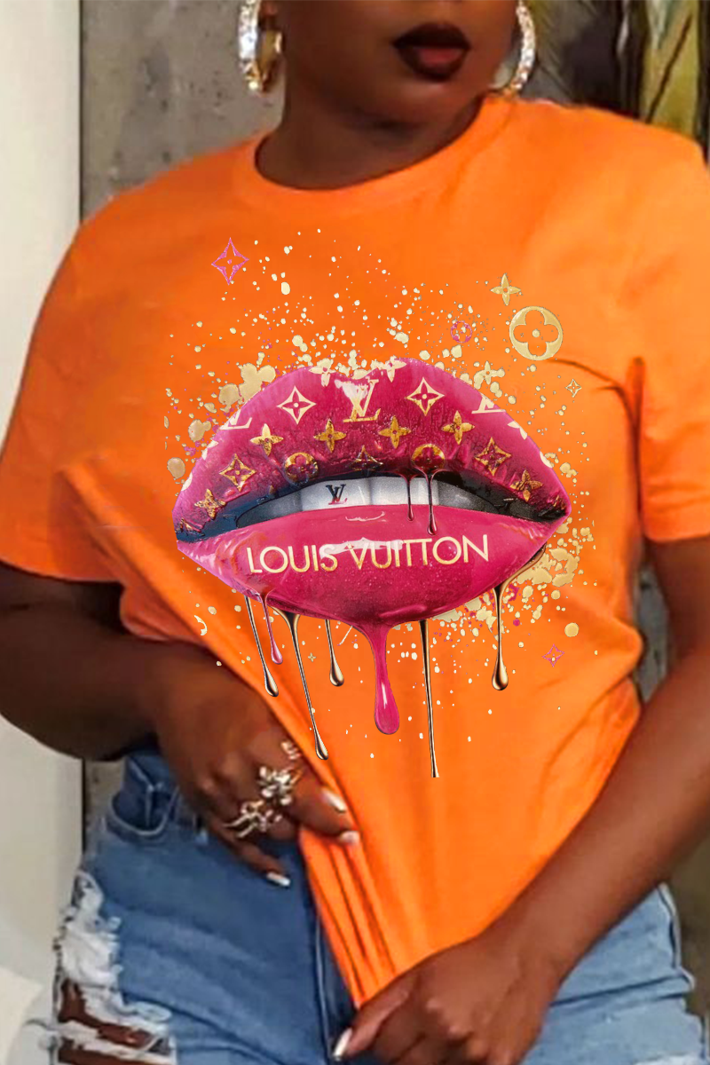 

Orange Street Lips Printed Patchwork Letter O Neck T-Shirts