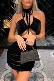 Black Sexy Solid Bandage Hollowed Out Backless Halter Sleeveless Dress Dresses