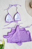 Conjunto de tres piezas de traje de baño sin espalda de vendaje sólido sexy púrpura (con rellenos)