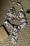 Geel sexy print luipaard bandage patchwork backless swimwears (met vullingen)