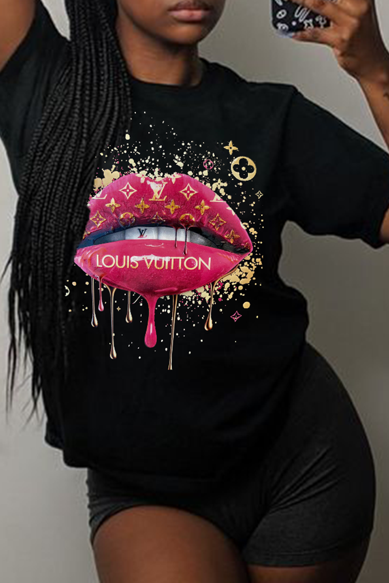 

Black Street Lips Printed Patchwork Letter O Neck T-Shirts