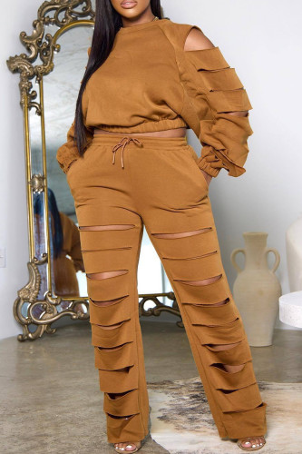 Brown Casual Solid Ripped Hollowed Out O Neck Plus Size Two Pieces
