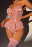 Roze sexy stevige uitgeholde patchwork doorzichtige lingerie