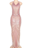 Pink Sexy Solid Bandage Backless Fold Halter Long Dress Dresses