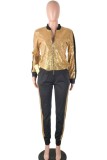 Gold Casual Patchwork Sequins Zipper Collar Plus Size Two Pieces