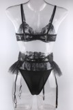 Black Sexy Patchwork Embroidery See-through Backless Lingerie