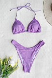 Conjunto de tres piezas de traje de baño sin espalda de vendaje sólido sexy púrpura (con rellenos)