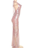 ピンクのセクシーな無地包帯バックレス フォールド ホルター ロング ドレス ドレス