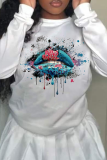 Blue Casual Lips Printed Patchwork O Neck Tops