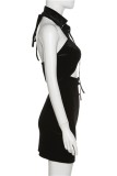 Bandage solide sexy noir évidé robes de robe sans manches licou dos nu