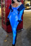 Vestidos longos com estampa sexy azul sem costas e alças finas