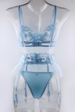 Sky Blue Sexy Patchwork Embroidery See-through Backless Lingerie