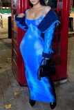 Синее сексуальное длинное платье с открытой спиной и бретельками с принтом Платья