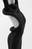 Svarta sexiga solida patchwork rygglösa långärmade klänningar