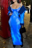 Blauwe sexy print backless spaghetti band lange jurk jurken