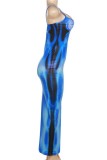 Blå sexiga tryck rygglösa spaghettiband långa klänningar