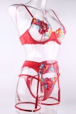 Rose rood sexy borduurwerk uitgehold patchwork doorzichtige backless lingerie