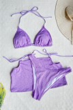 Фиолетовый сексуальный сплошной бандажный купальник с открытой спиной из трех частей (с прокладками)