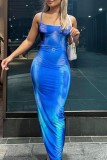 Blue Sexy Print Backless Spaghetti Strap Long Dress Dresses