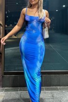 Blauer, sexy, rückenfreier Spaghetti-Träger mit langen Kleidern