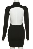 Apricot Sexy Solid Backless Turtleneck Long Sleeve Dresses