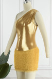Желтое сексуальное повседневное однотонное платье в стиле пэчворк с косым воротником без рукавов, платья