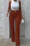 Pantalones de color sólido convencional de cintura alta regular básico sólido casual rojo-marrón