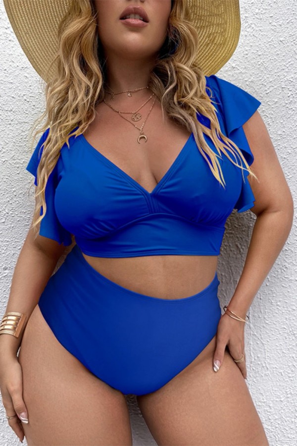 Blue Casual Print Solid Patchwork V Neck Plus Size Swimwear (With Paddings)