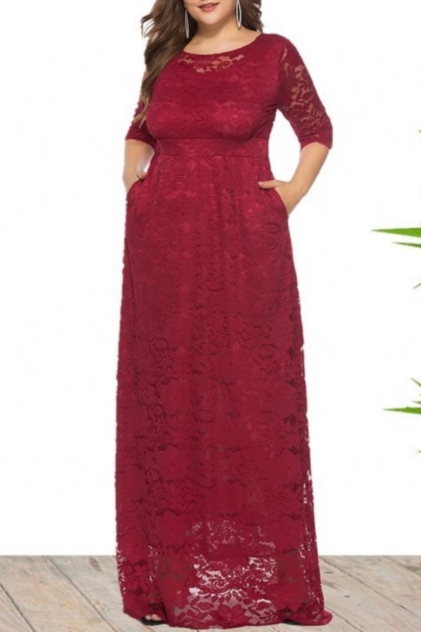 Бордовое повседневное сплошное лоскутное прозрачное длинное платье с круглым вырезом Платья больших размеров