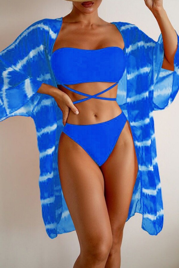 Königsblauer Cardigan-Badeanzug mit sexy Aufdruck, dreiteiliges Set (mit Polsterung)