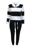 Nero bianco casual a righe patchwork colletto con cappuccio manica lunga due pezzi