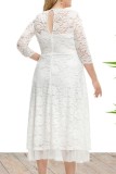 White Casual Solid Patchwork See-through O Neck A Line Plus Size Dresses
