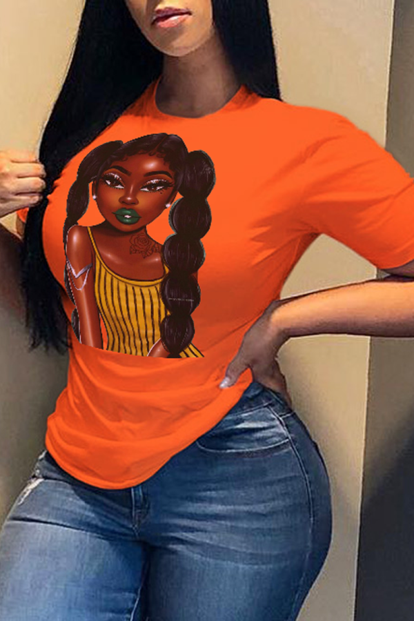 T-shirt O Neck patchwork con stampa vintage arancione