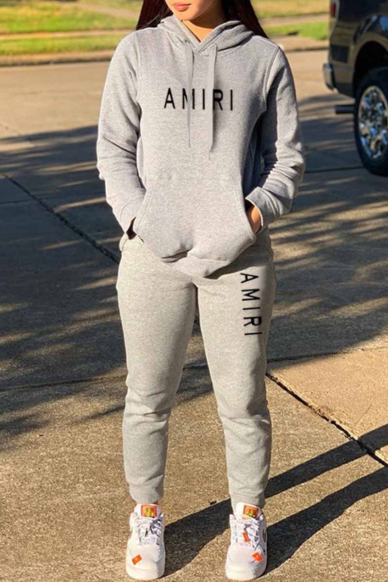 

Grey Casual Print Letter Hooded Collar Long Sleeve Two Pieces