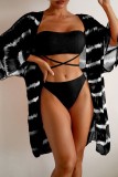 Schwarzer Cardigan-Badeanzug mit sexy Print, dreiteiliges Set (mit Polsterungen)