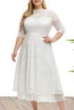 White Casual Solid Patchwork See-through O Neck A Line Plus Size Dresses