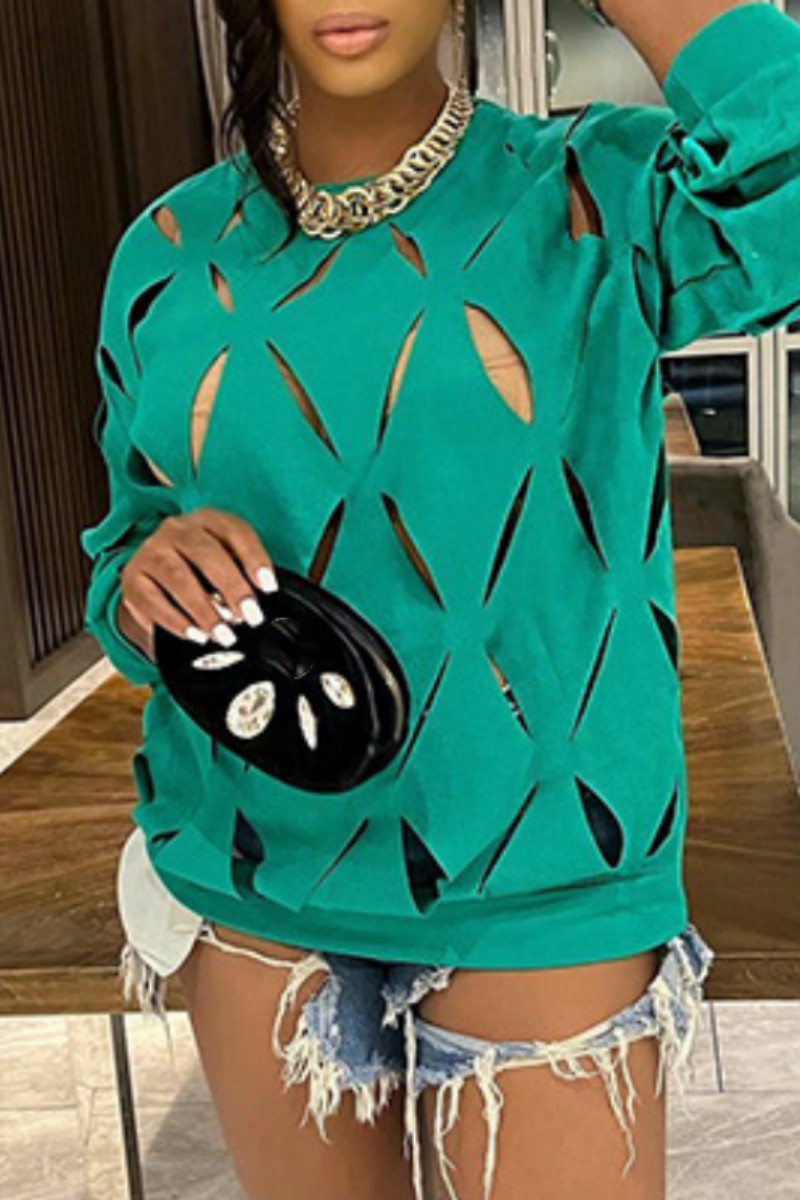 

Green Casual Solid Hollowed Out O Neck Tops