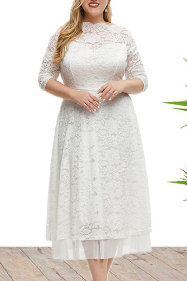 Witte casual effen patchwork doorzichtige O-hals A-lijn grote maten jurken